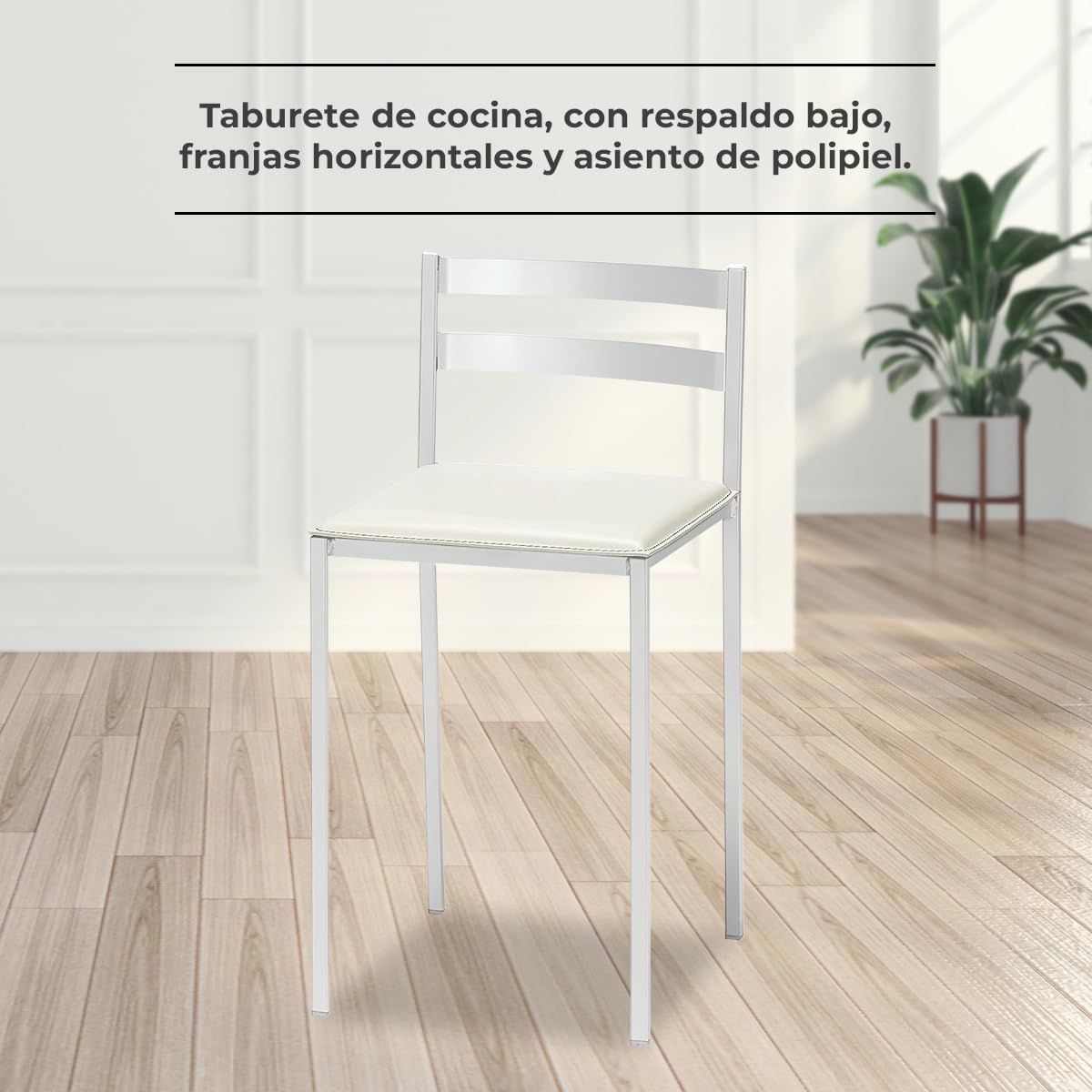 2 Taburetes de Cocina con Respaldo bajo, Franjas horizontales y Asiento tapizado - Estructura Color Blanco - Asiento en Polipiel Blanco
