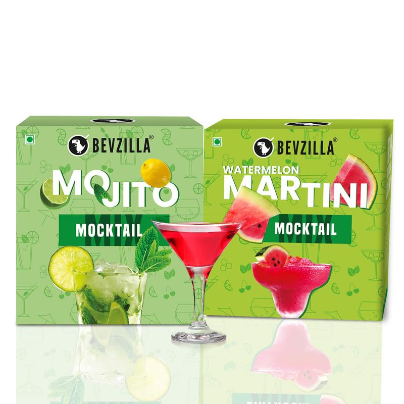 Image of Bevzilla Mocktail Mixer Powder - Watermelon Martini & Mojito Combo (10 Servings) | Non-Alcoholic, Low-Calorie, Instant | Makes 5 Refreshing Drinks | Easy, Effortless Party Mocktails