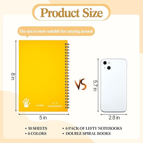 Miniatura 2 de Paquete de 6 cuadernos de espiral zurdos con alambre zurdo, 8 x 5, 50 hojas, diario de papel con rayas anchas para la escuela (colores surtidos)