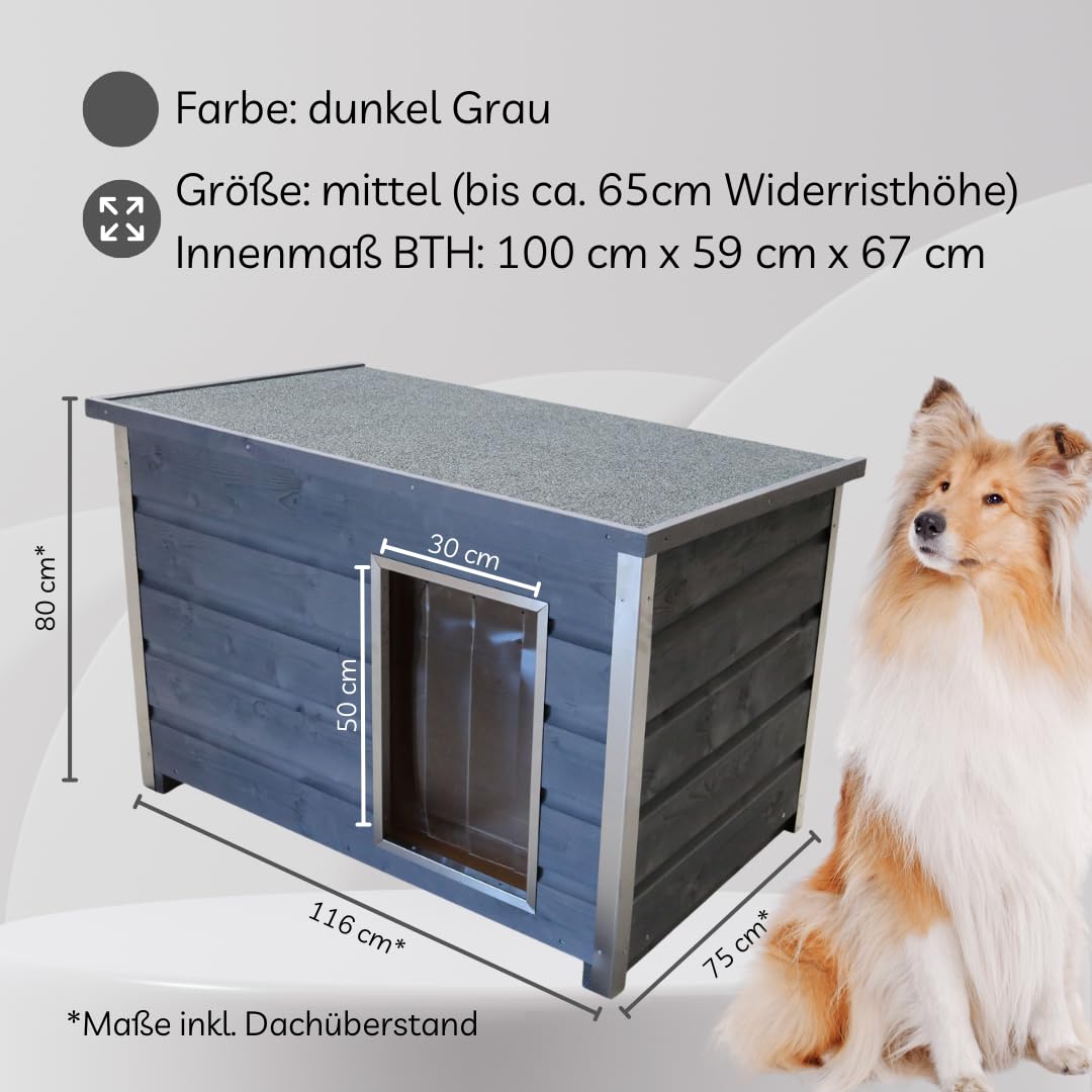 wetterfeste Hundehütte grau, Klappdach, 100x70x80 cm | 3-wandig vollisoliert (auch Dach und Boden)