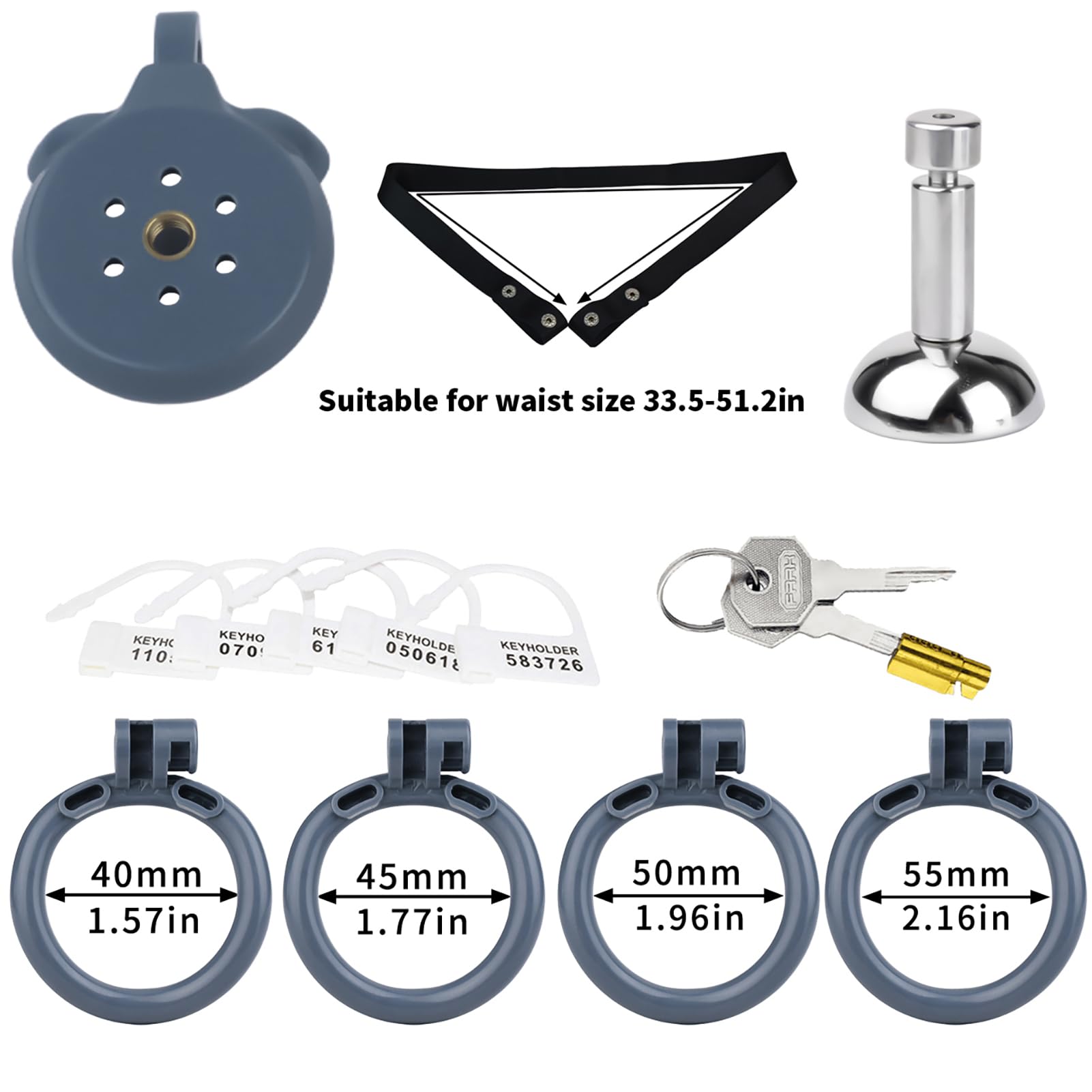 SeLgurFos Cage de chasteté pour homme avec 4 anneaux 40 à 55mm urinoir amovible design plat en résine ABS ceinture chasteté jouets sexuels (Blue+belt)