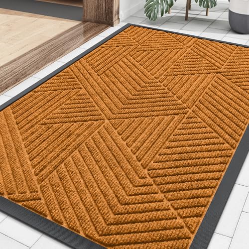 Image of Smiry Front Door Mat Outside Entrance, Heavy Duty Sturdy Natural Rubber Doormat, Trap Dirt and Moisture, Easy Clean Low Profile Mats for Indoor Outdoor Entry, Irregular Triangle (29.5x17, Amber)