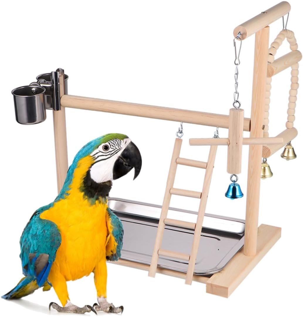 SUPVOX Wooden Parrot Stand with Hanging Swing, Natural Bird Stand for Parrots and Conures, Multi-Functional Bird Playground Accessory for Cage Or Play Area Random Color
