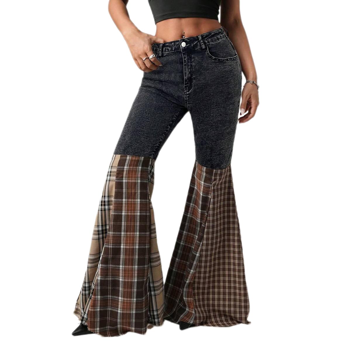 Womens Plaid Jeans Vintage Y2K Bell Bottom Wide Leg Bootcut Flare Denim Pants Black