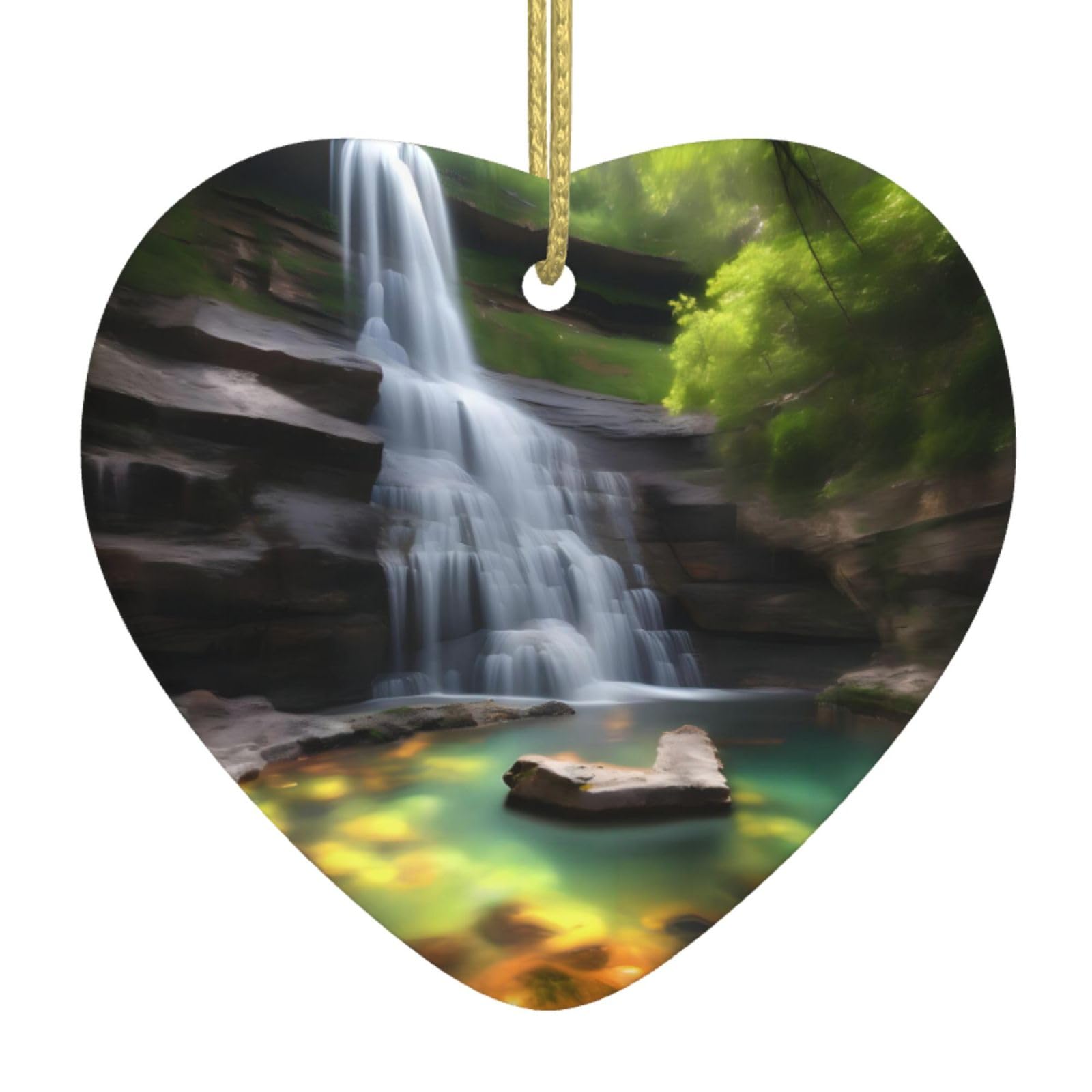 Waterfall Views Ceramic Christmas Heart Pendant with Silk Thread, Christmas Tree Home Decoration