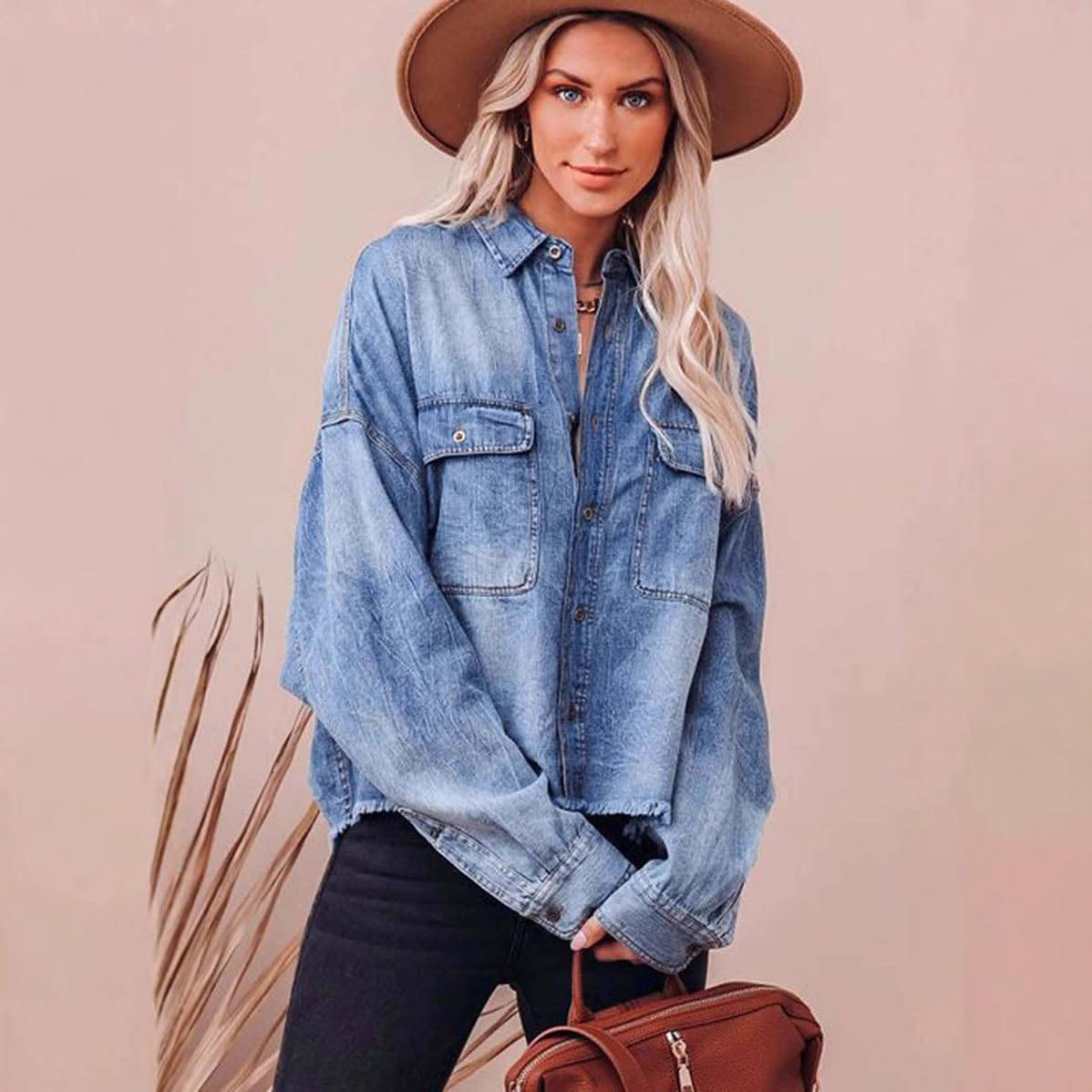 Camisa Mujer Camisa Vaquera Azul De Mujer Blusas De Cuello Extragrande Camisas Vaqueras Lavadas Casuales De Manga Larga con Botones Chaqueta Vaquera con Dobladillo Deshilachado Estilo WES