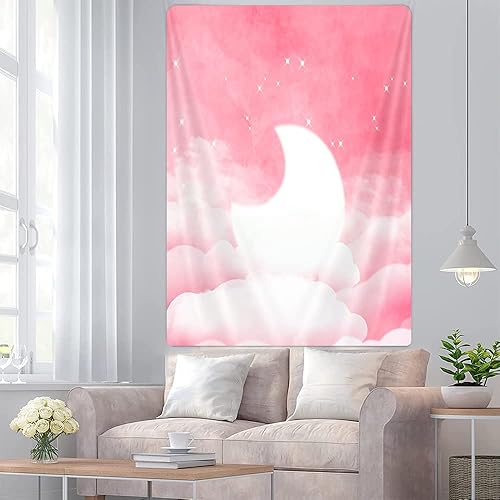 Miniatura 4 de Grtuspr Tapiz rosa, tapiz de cielo nublado blanco, luna de algodón, caramelo, lindo cielo, tapiz decorativo pastel, hermoso día brillante, tapiz