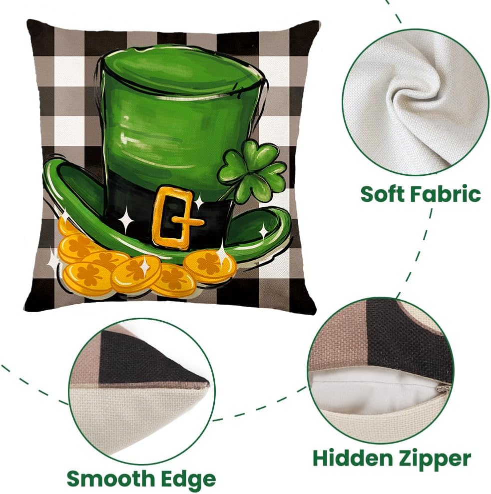 St Patricks Day Pillow Covers 18 x 18 Inch Throw Pillow Covers for Black White Buffalo Plaid Lucky Charms Shamrock Outdoor Pillowcase Green March Hat for Home Bedroom Sofa Decor - Image 3