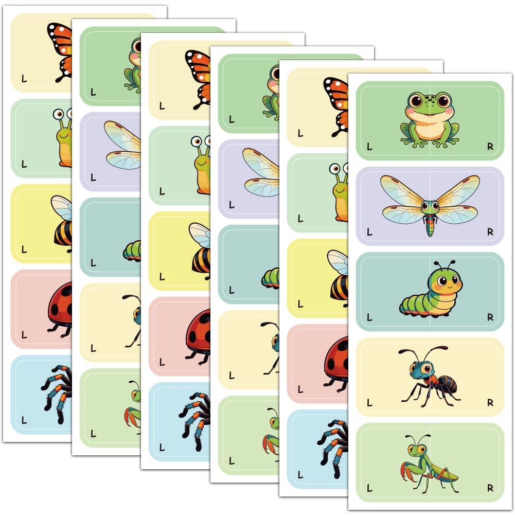 PRESSINART Cartoon Left Right Shoe Stickers for Learning 24 x 9cm, Shoe Labels Insects Patterns 60pcs(30 Pairs) Waterproof Self Adhesive Sticker for Party Gift Early Learning to Help Put Shoes On