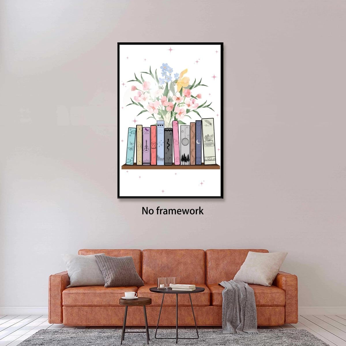 Floral Bookstack Wall Art Pastel Book with Flowers Music Poster Trendy Bookish Wall Decor Bookshelf Canvas Print Feminine Cozy Reading Corner Decor for Home Library Dorm 12x18inch Unframed