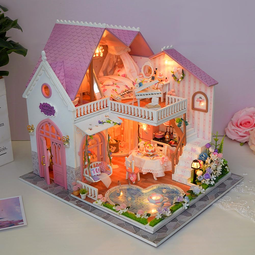 Topbsbfar, kit fai da te per casa delle bambole in miniatura, modello di villa europea con luce a LED, idea regalo per casa artigianale in legno