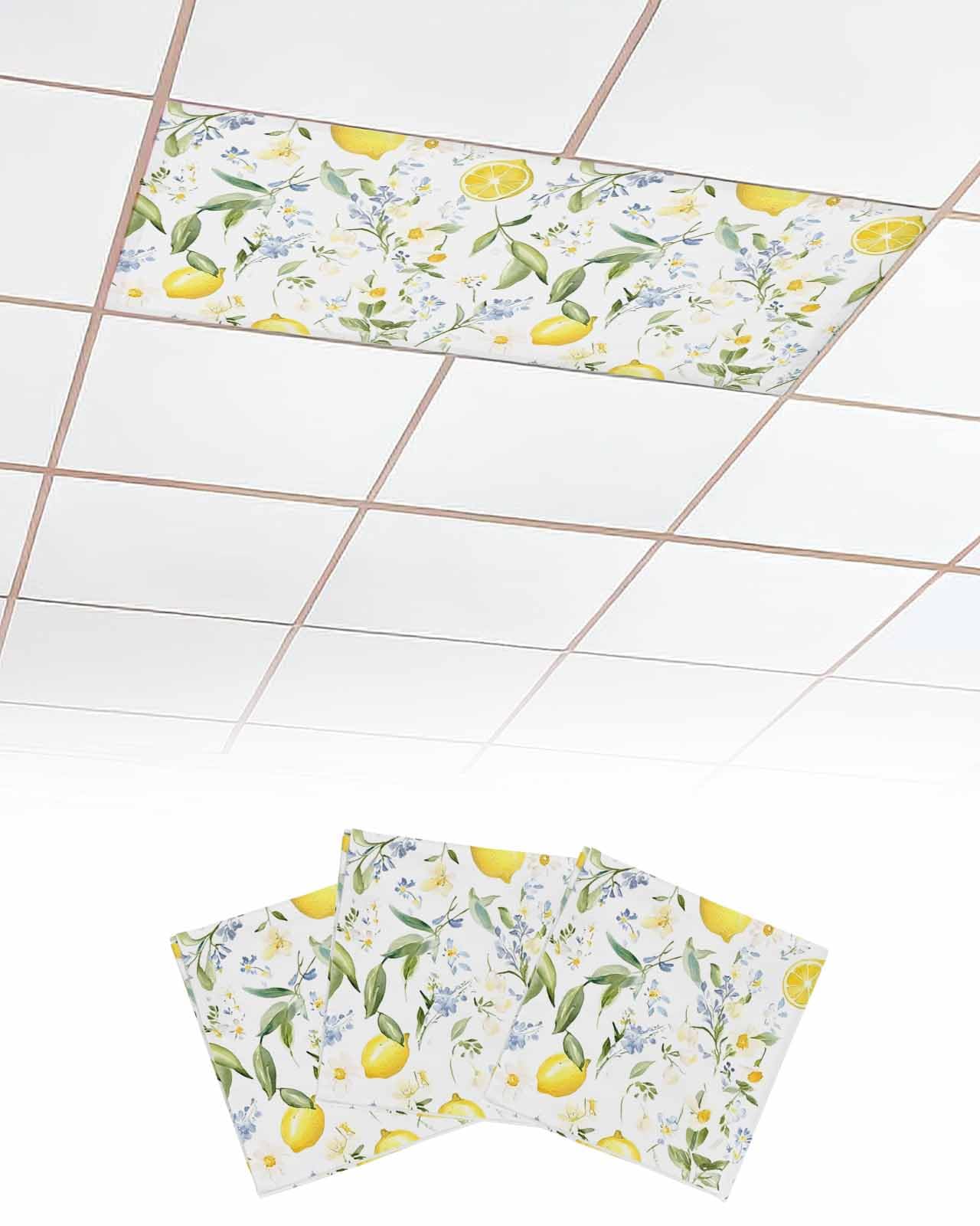EwdeWwo Summer 3 Pcs Fluorescent Light Covers for Ceiling Lights, Watercolor Lemon Leaf Flower Plant Magnetic Light Filters for Eliminate Harsh Glare Classroom Office Decoration, 4 x 2 Ft
