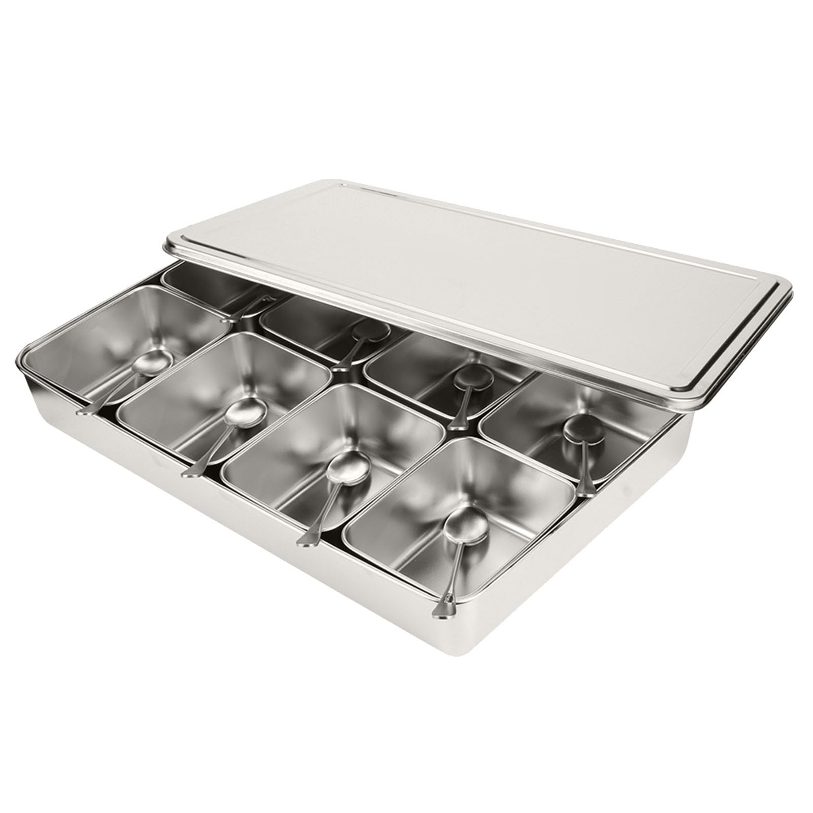 Yosoo Health Gear Assaisonnement Box, Boîte à épices En acier inoxydable à 8 Grilles Avec Couvercles Et Cuillères, Boîte à Condiments Métal, Pots à épices Cuisine