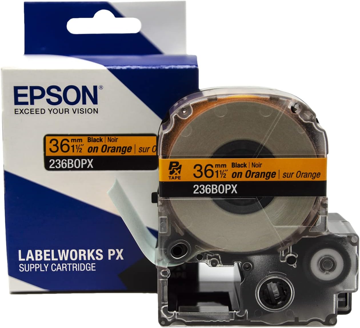 Epson LABELWORKS 236BOPX PET (Polyester) Tape Cartridge - Black on Orange Label Maker Tape - 1.5" (36MM) Wide, 30'