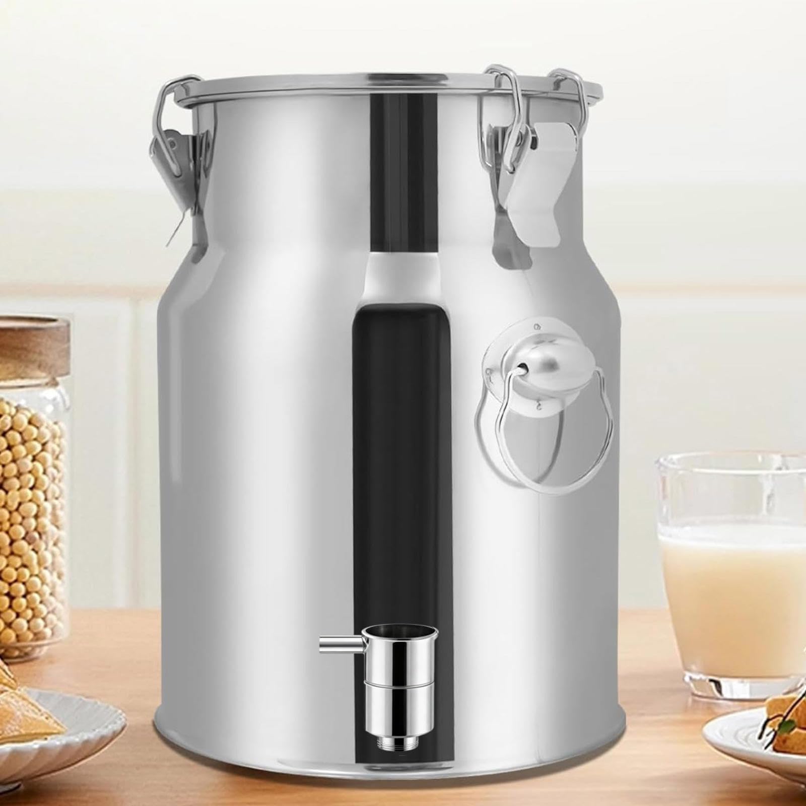 Recipiente sellado de acero inoxidable con tapa y grifo para almacenamiento y transporte de líquidos