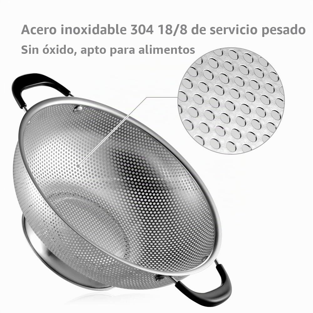 Colador de acero inoxidable 18/8, colador microperforado de fácil agarre de 5 cuartos de galón, colador con asas remachadas y resistentes al calor, sin BPA, aprobado por LFGB. Ideal para pasta, fideos