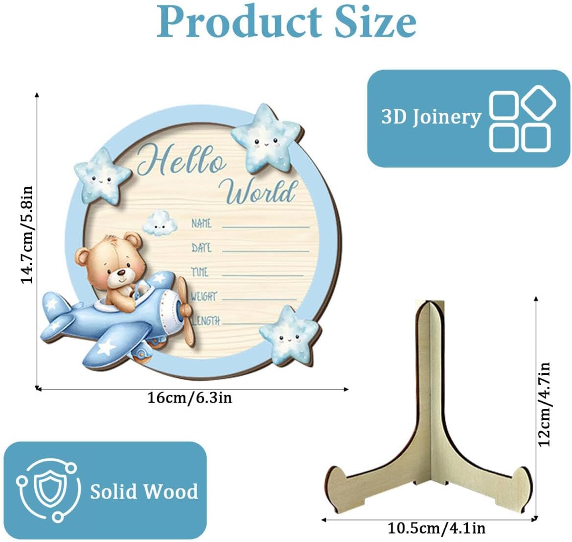 Baby Announcement Sign Wooden Hello World Newborn Signs Double-Layer Blue Birth Announcement Sign Newborn Welcome Sign Baby Name Birth Announcement Plaque for Photo Props Baby Shower Hospital Nursery