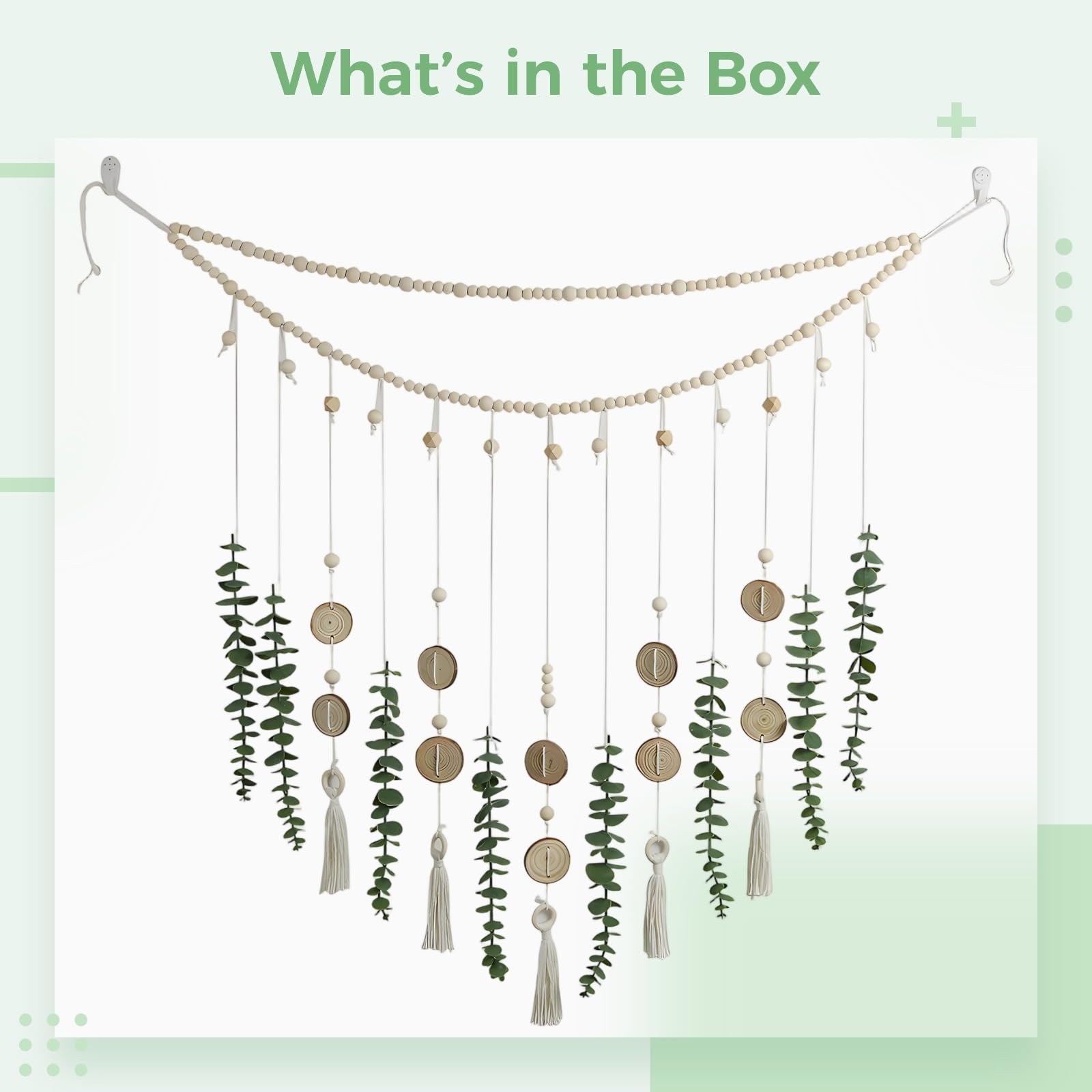 Decoración para colgar en la pared de eucalipto, tapiz grande de macramé de 78 cm, arte bohemio de pared con hojas verdes sintéticas, cuentas de madera y rodajas para decoración del hogar, apartamento