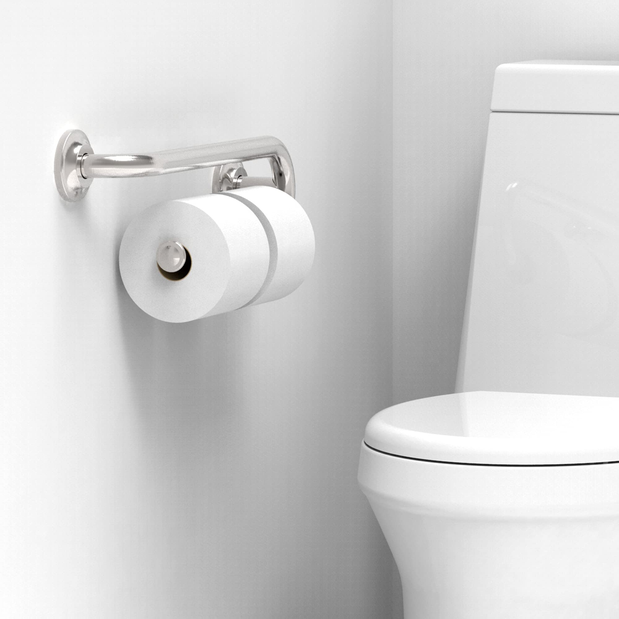 AquaChase Grab Bar with Integrated Toilet Paper Holder for 2 Mega Rolls (Kitchen Paper Towel Holder or Bathroom Towel Bar), 16in Stud Mount, 250lbs Weight Support, Rustproof, Brushed Nickel, Right