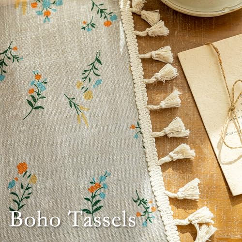 Image of MYSKY HOME Boho Floral Linen Curtains 96 Inches Long Vintage Farmhouse Bohemian Spring Patterned Semi Sheer Window Treatments with Tassel Back Tab Living Room Bedroom, Blue and Orange, W50, 2 Panels