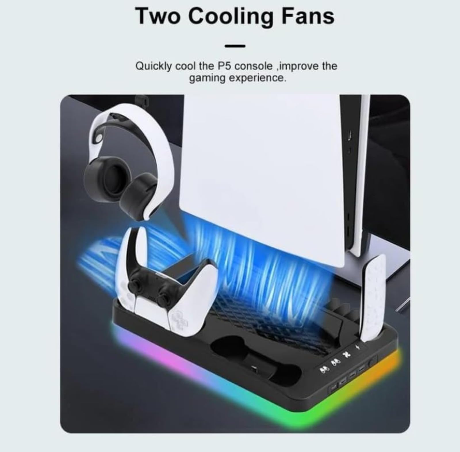 Stazione di ricarica PS5 con doppia ventola di raffreddamento, 2 dock per controller, hub USB a 3 porte, illuminazione RGB, archiviazione CD e gancio per cuffie, supporto organizer per console 5