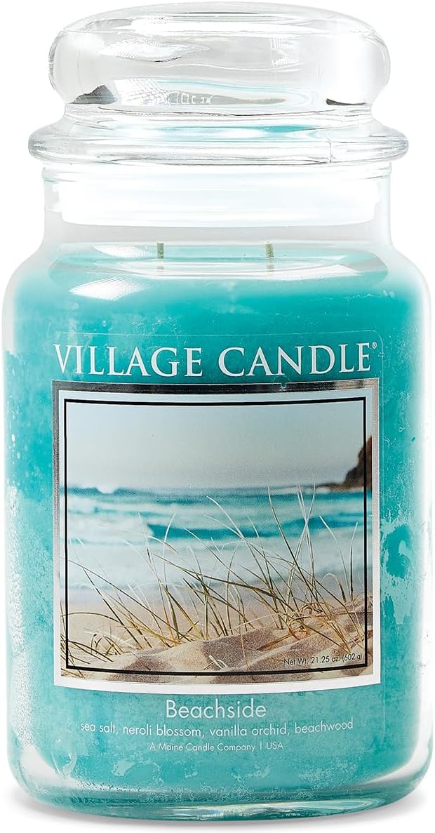 Village Candle Beachside Large Glass Apothecary Jar Scented Candle, 21.25 oz, Light Blue