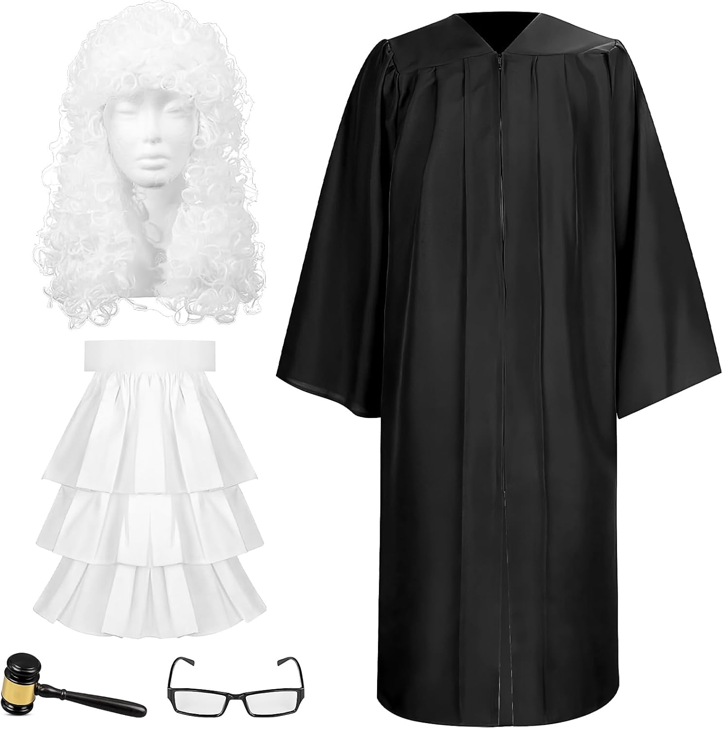 5 Pieces Judge Costume Accessory Set including Judge Robe False Collar Gavel Wig Glasses for Halloween Cosplay Party Favor