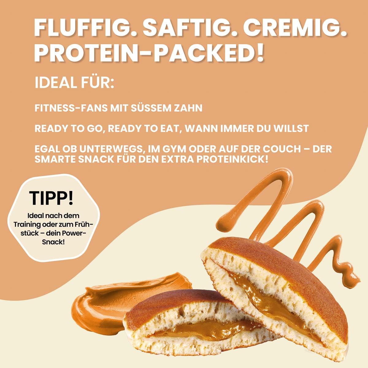 Go Fitness Protein Pancake - [12 x 55 gramm ] Caramel High Protein Snack, frisch gebacken & extrem lecker - Eiweißriegel alternative mit 13g Eiweiß pro Pancake