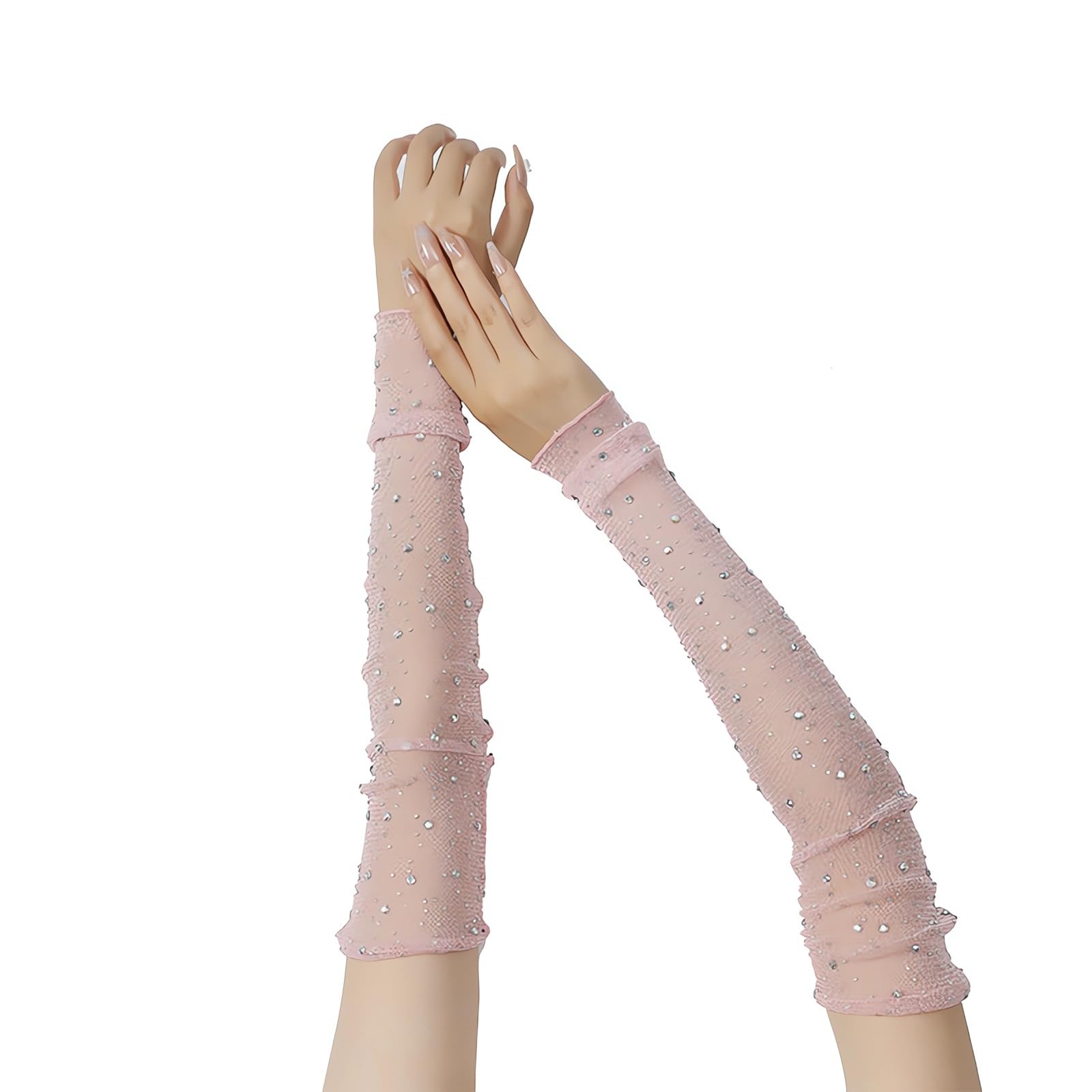 Women Long Rhinestone Gloves, Mesh Sparkly Glitter Fingerless Opera Glove, Bling Elbow Length Evening Party Gloves for Halloween Wedding Prom, Sheer Crystal Sleeves Long Arm Sleeves Driving Accessory