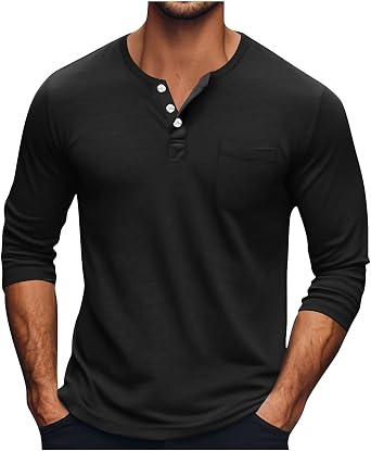 Mens 3/4 Sleeve Tee Shirts Casual Fashion Button Henley Shirt Lightweight Cotton Soft T-Shirt with Pocket Basic Solid