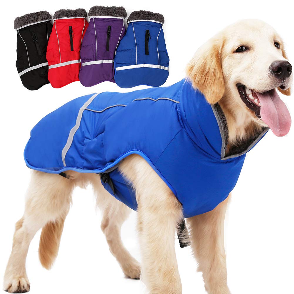 PJDDP Dog Jacket Dog Winter Coat Warm Reflective Dog Clothes with Harness/Leash Hole, Windproof Cozy Dog Vest Dog Apparel with Thick Fleece Lining for Cold Snow Weather for Hiking Outdoor,Blue,XXXL