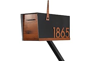 Contemporary Black Post Mounted Mailbox with Red Oak Door and Underline Numbers