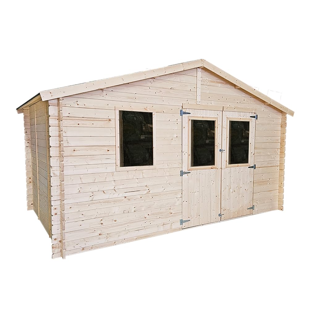 Casetta da Giardino in Legno Diana 4x2,5 m, Pareti 25 mm Blockhouse, Porta Doppia Finestrata e Finestra Laterale, Capanno per Attrezzi e Deposito da Esterno in Abete Naturale