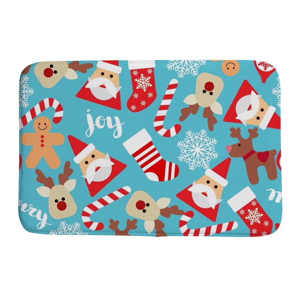 Tapis de bain antidérapant rouge et bleu motif Noël en velours de corail lavable 78x50 cm