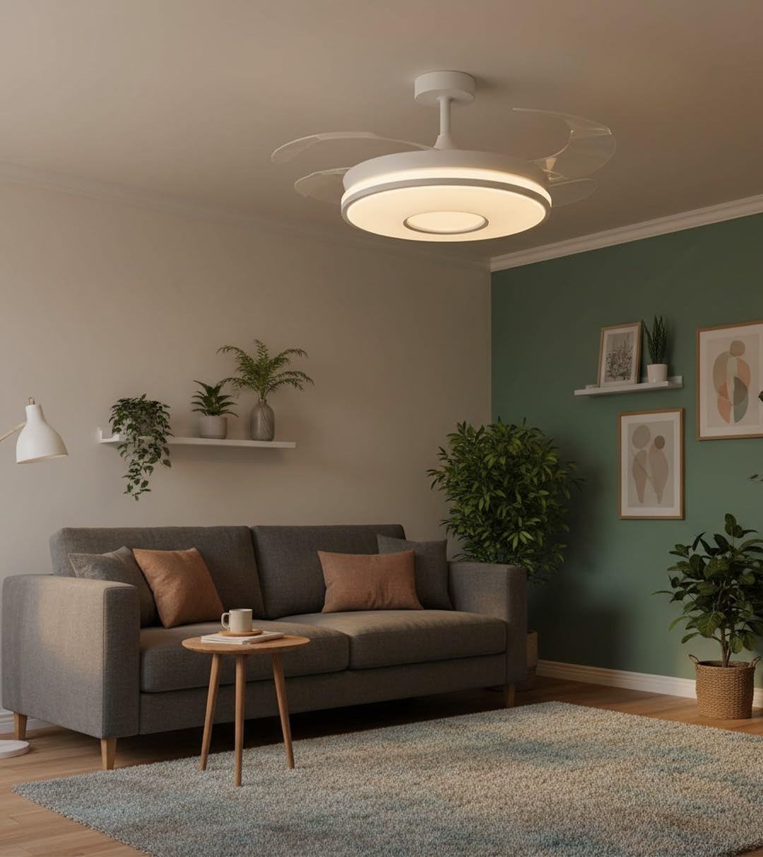 BEL AIR HOME - Ventilatore da soffitto KIRA bianco, motore DC silenzioso, pale retraibili, luce LED 36 W 3 temperature, telecomando, modalità inverno, moderno (CHRONOS)