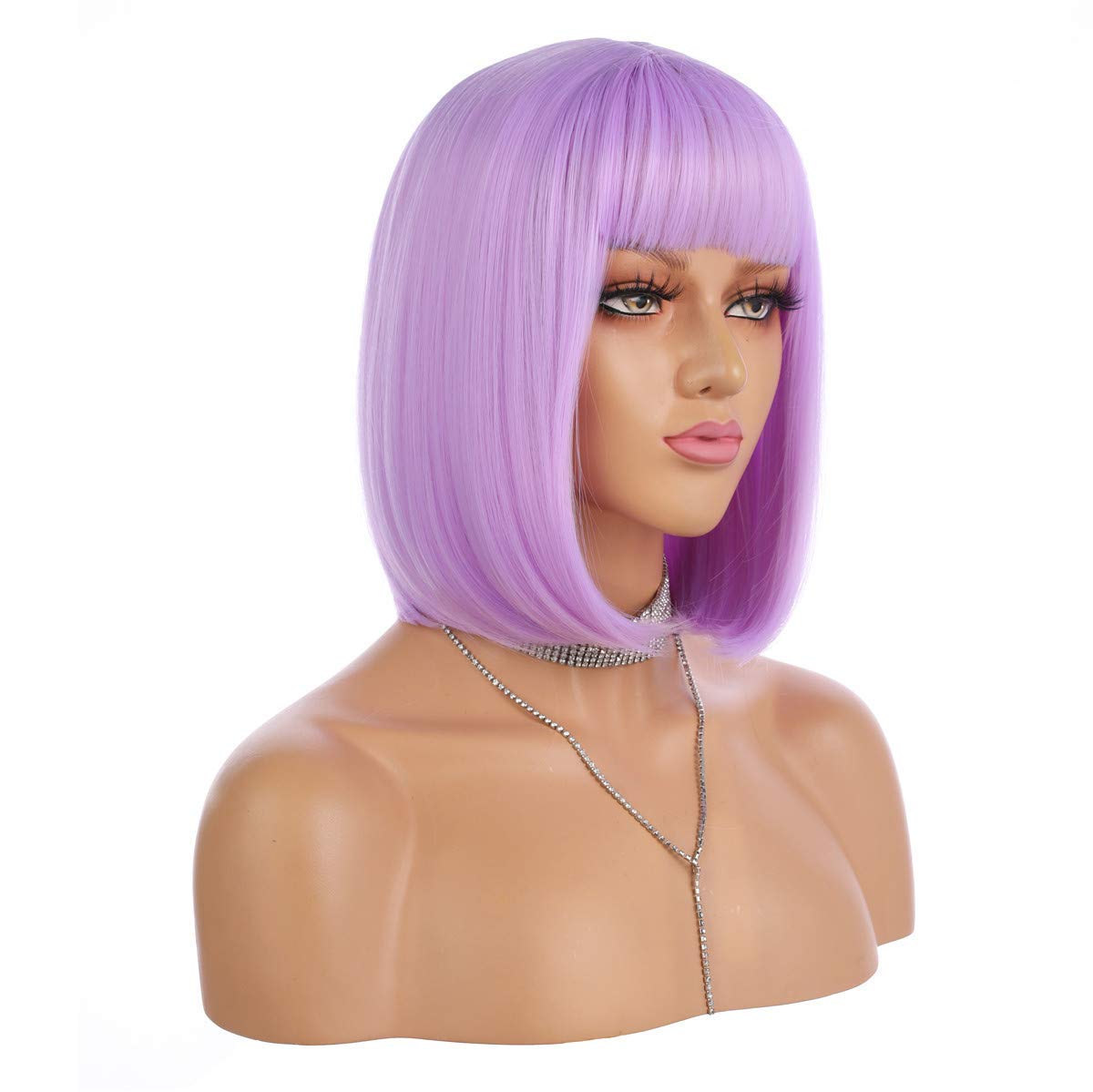 eNilecor Short Bob Hair Wigs 12" Straight with Flat Bangs Synthetic Colorful Cosplay Daily Party Lilac Neon Wig for Women Natural As Real Hair+ Free Wig Cap (Lavender Purple) - Image 3