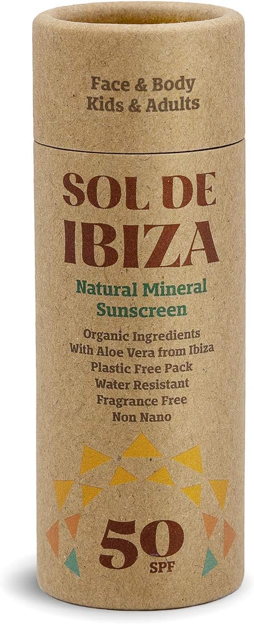 Sol De Ibiza Plastic Free Stick- Protector Solar Mineral Sólido SPF50 - Cara & Cuerpo - Ingredientes Naturales - Óxido de Zinc Non Nano - Vegano - Adultos & Niños - 45g