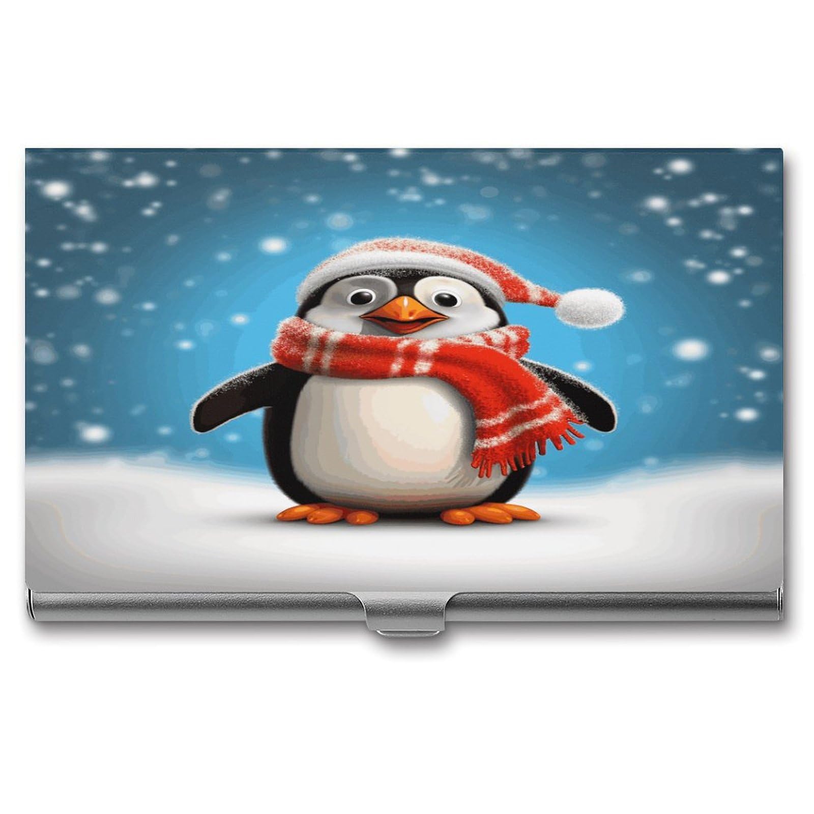 JTREHY Christmas Funny Penguin Business Card Holder Slim Purse Name Card Holder Portable Metal Business Card Case Wallet Large Capacity Lightweight Business Card Case for Men Women