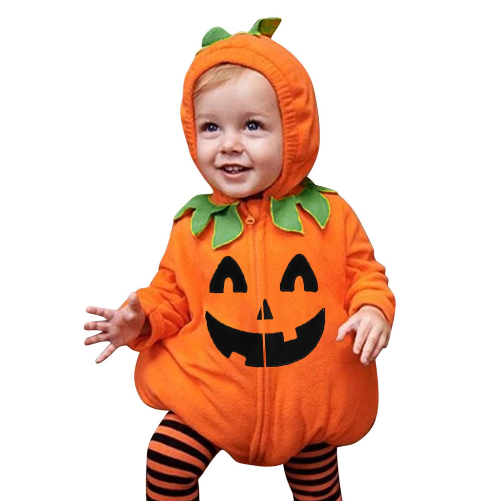 Newborn Infant Baby Pumpkin Halloween Costumes, Cute Toddler Halloween Cosplay Outfits, Long Sleeve Fleece Hooded Zipper Design Romper Striped Pant Sets, Party Performance