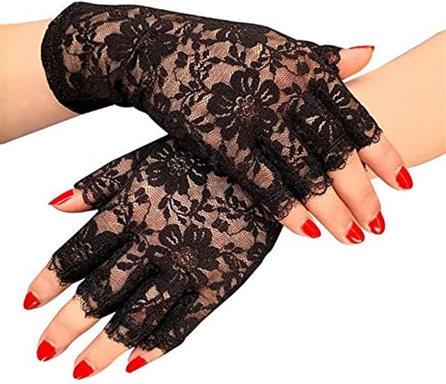 Lifreer Ladies Fingerless Black Lace Gloves, Halloween Gloves, Black Gloves Gothic Fancy Dress Womens Halloween Accessories (2 Pairs)