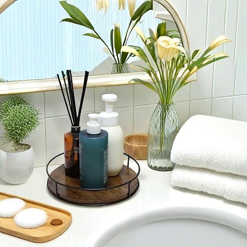 Miniatura 7 de Tocadiscos Lazy Susan de madera de 10 pulgadas para mesa cocina organizador rústico marrón con marco de acero tocadiscos decorativos de 360 grados