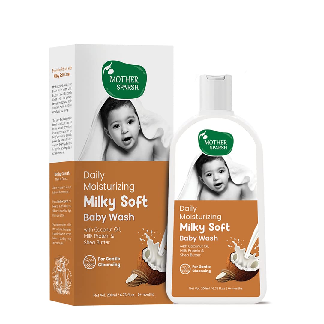 Mother Sparsh Milky Soft Baby Wash - 200ml | with Milk Protein & Coconut Oil | Tear Free Natural Formula for Babies with No Added Sulphates