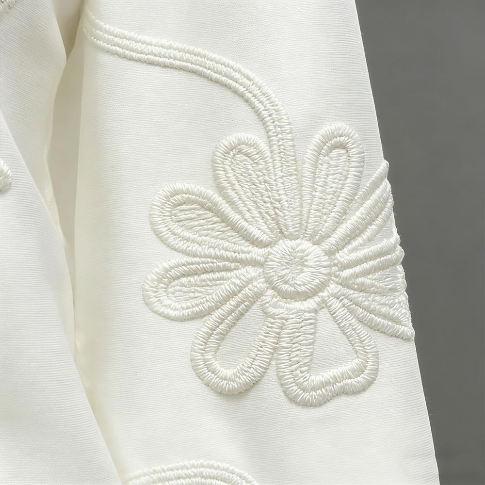 Women's White Floral Embroidery Blouse Ruffled Cuff Boho Shirt Long Sleeve Button-Down Top - Image 5