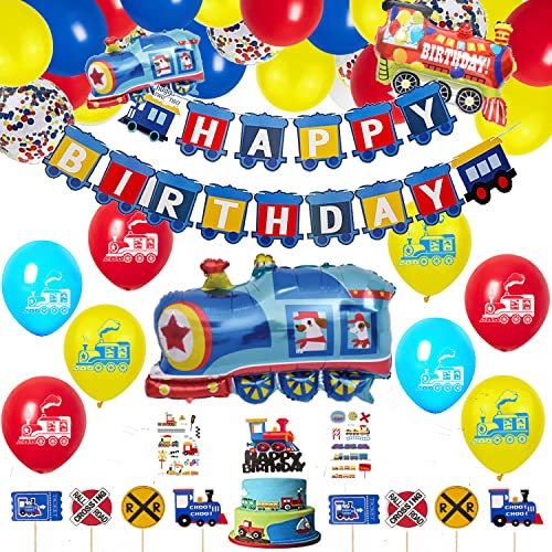 Zug Geburtstag Party Supplies Set-Zug Thema Blau Gelb Rot Dekorationen mit Eisenbahnballons Girlande, Zug Geburtstag Banner, Zug Ballons, Eisenbahn Cupcake Toppers für Dampfzug Geburtstagsparty Cover