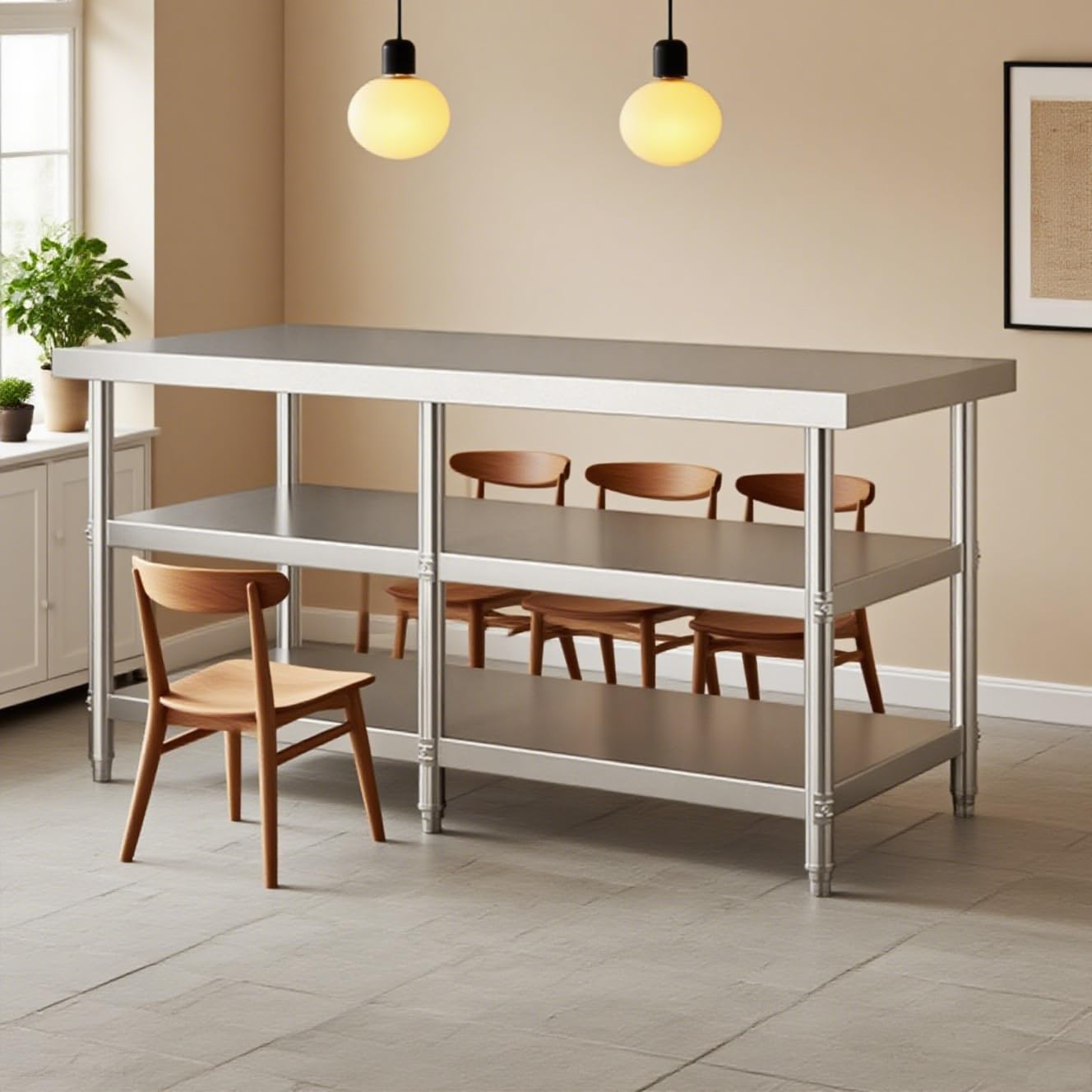 3-Layer Thickened Stainless Steel Workbench Kitchen Countertop with Brushed Stainless Steel Superficial Adjustable Leg Height Multiple