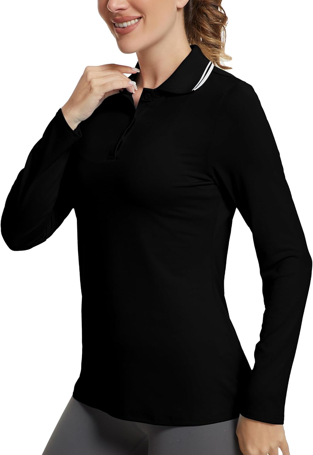 Women's Golf Polo Shirts Long Sleeve Workout Tops UPF 50+ Sun Protection Quick Dry Lightweight Active Tennis Shirts Medium Black