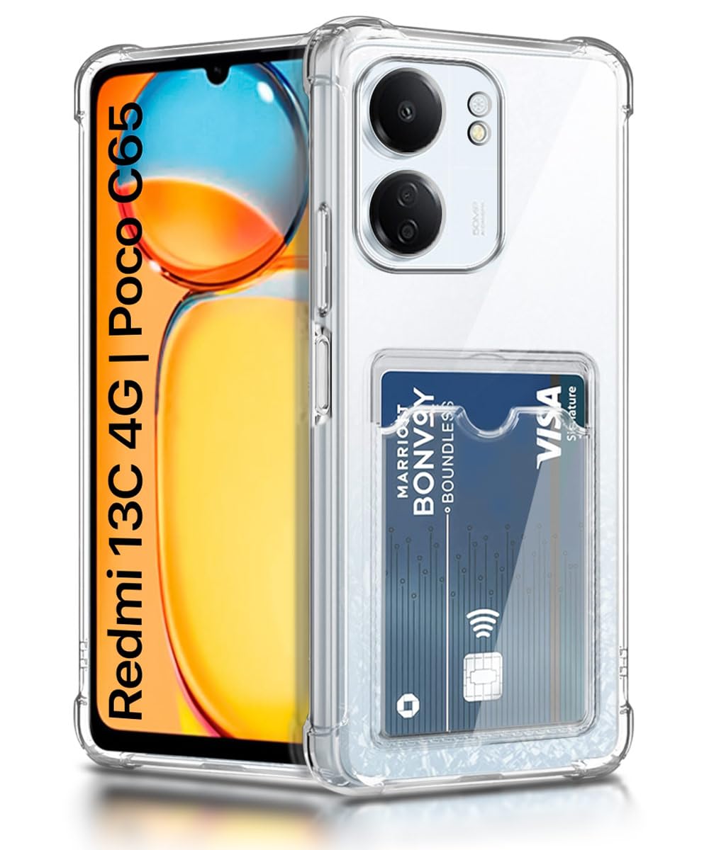 WOW IMAGINE Transparent Back Cover Case for Redmi 13C 4G | Poco C65 | Flexible Built-in Slim Card Pockets Wallet | 360° Camera Protection TPU | Soft Silicone Mobile Cover – Transparent