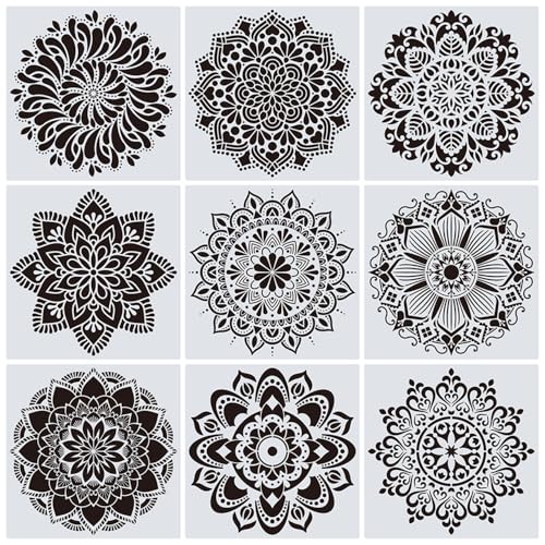 ZSUIQIN 9 Piezas Plantillas de mandala, Plantilla de pintura de plástico blanco, para Muebles, Plantilla de Dibujo DIY Paredes Piedras Madera Tela Azulejos Manualidades Pintar Decoración (30 * 30 cm)