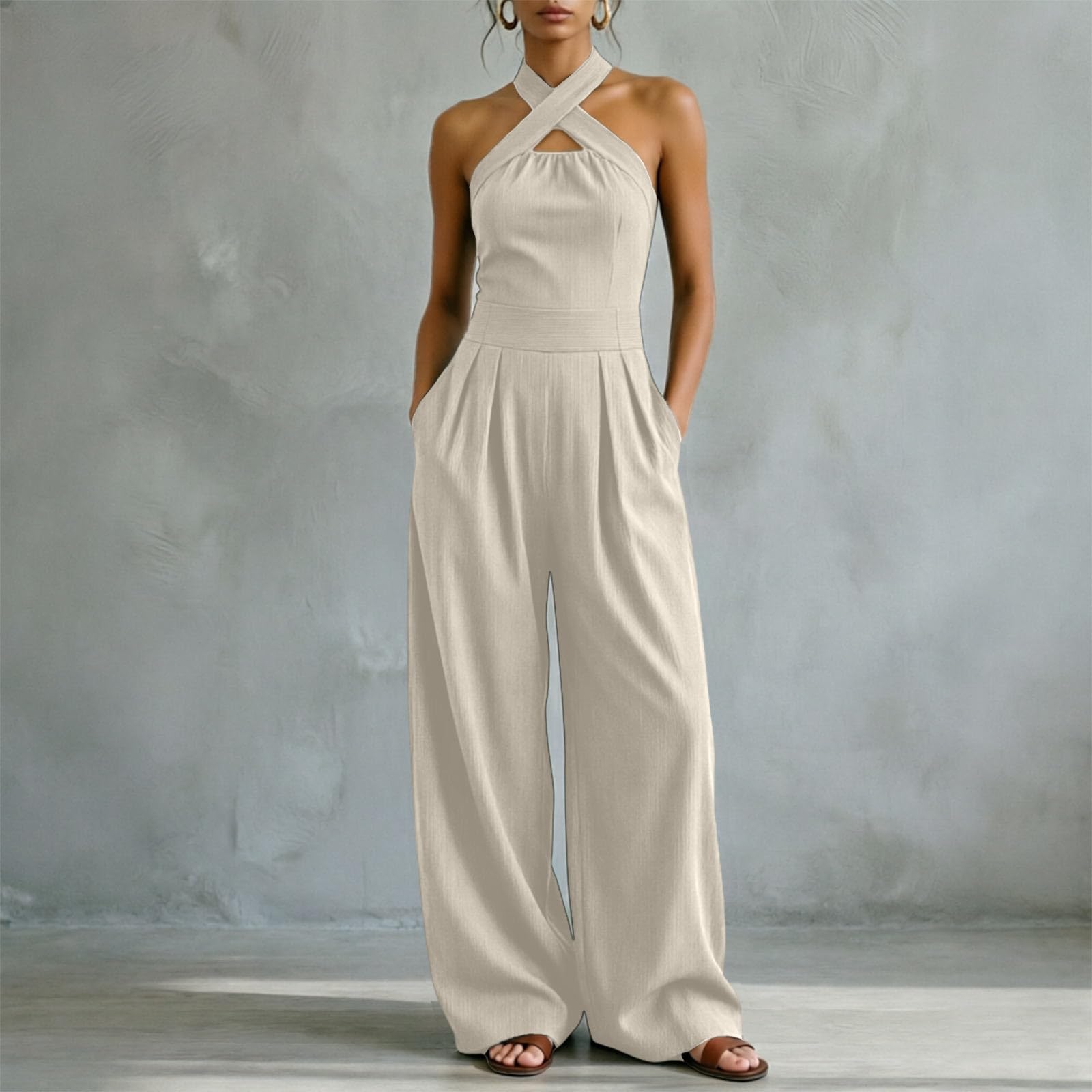 Tuta lunga da donna, estiva, elegante, allacciatura al collo, con scollo a V, tuta intera da donna, per ospiti di nozze, tuta a gamba larga, tuta aderente