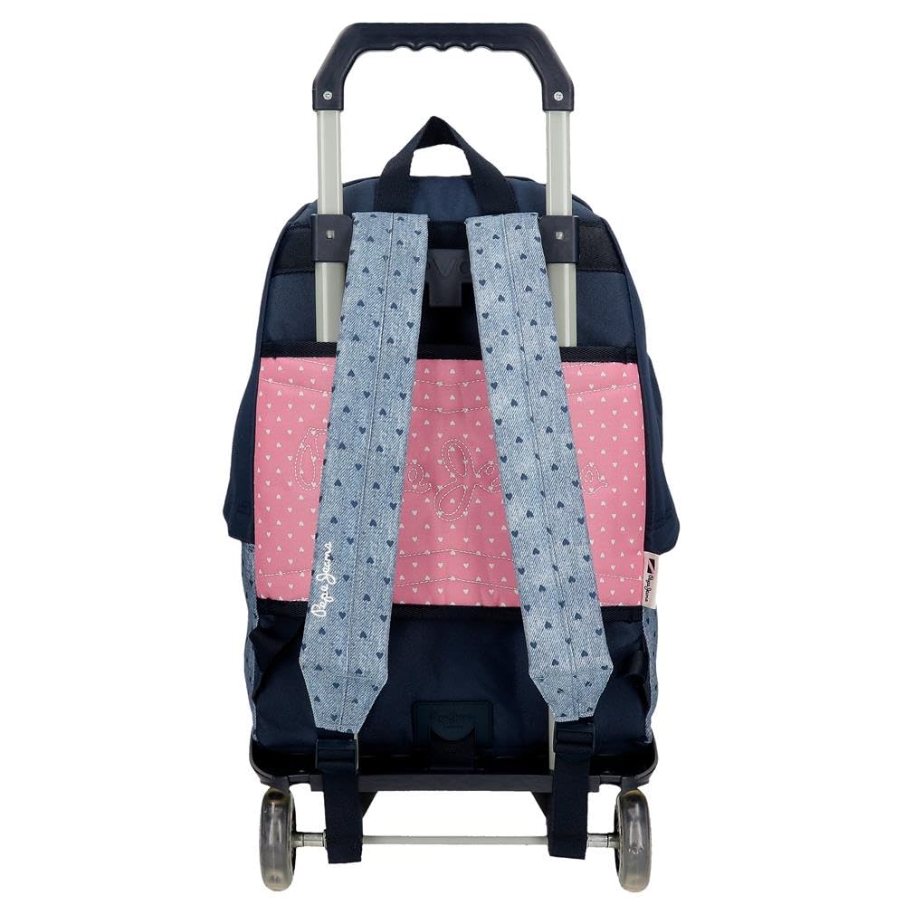 Pepe Jeans Noni denim Mochila escolar, azul y rosa, fabricada en Poliéster, Tirantes ajustables para llevarla cómodamente, varios compartimentos, Con llavero pompón, de Joumma Bags